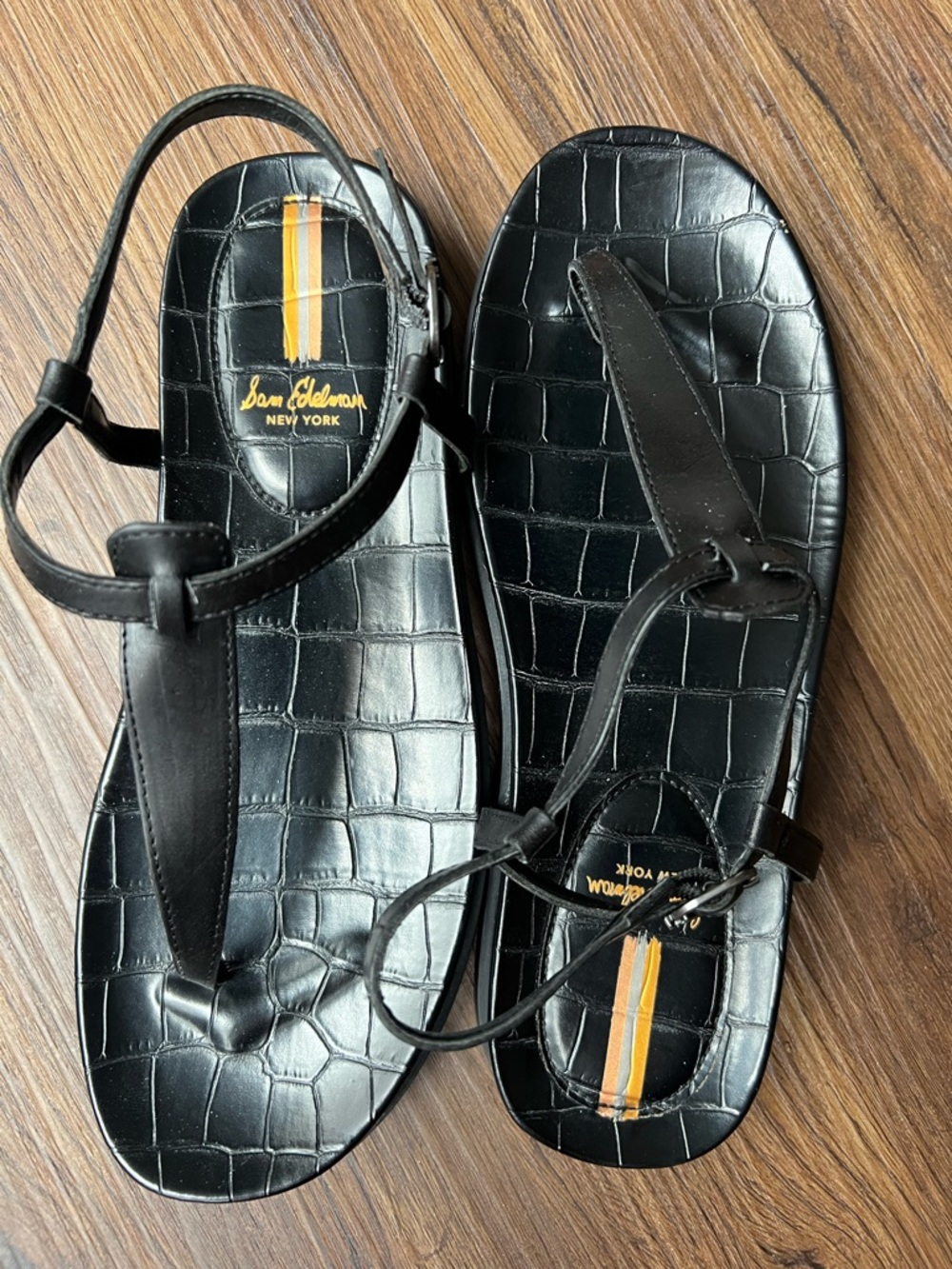 Sam Edelman Black Naomi Croc-Embossed T-Strap Sandals